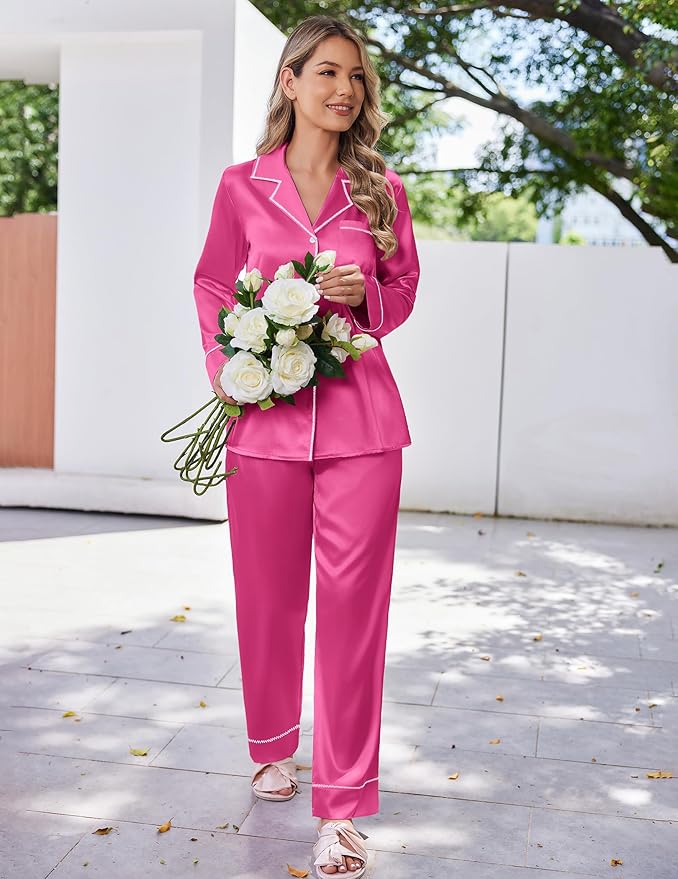 Ekouaer Satin Pajama Set for Women Silky Sleepwear Long Sleeve Top and Pants Button Down Pjs Lounge Set