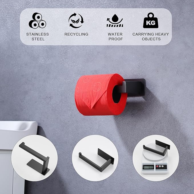 LANC Self-Adhesive Toilet Paper Holder, Matte Black Toilet Tissue Holder Wall Mounted for Bathroom Kitchen Stick On Paper Roll Holder with No Drilling Rustproof Stainless Steel, Left Rod A8307MB-LF