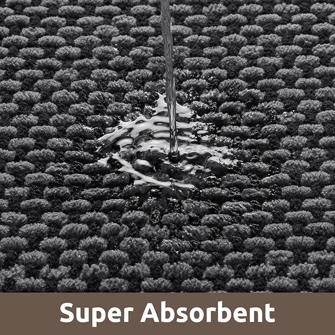 AMOAMI Chenille Bath Mat Super Absorbent Bathroom Mat Quick Dry Low Pile Bath Mats for Bathroom Washable Rubber Backed Bathroom Runners Fit Under Door, Front of Bathtub, Sink, Darkgrey&Black 24"x70"