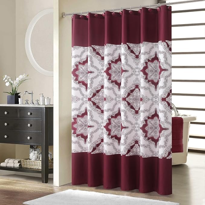 Long Burgundy Shower Curtain 78 Inches, Water Repellent Fabric with Medallion Pattern, 12 Metal Grommets & Weighted Hem