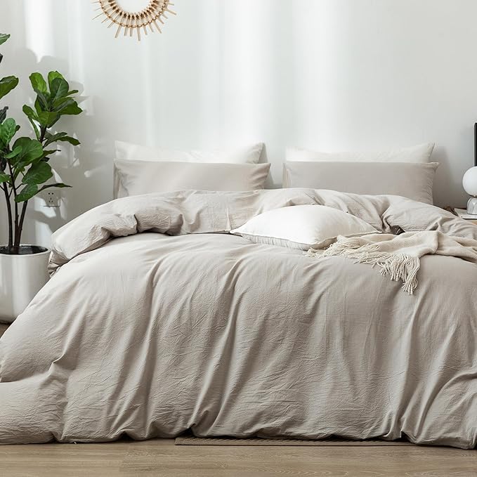 MooMee Bedding Duvet Cover Set 100% Washed Cotton Linen Like Textured Breathable Durable Soft Comfy (Heathered Cream Grey, King 104"x90")