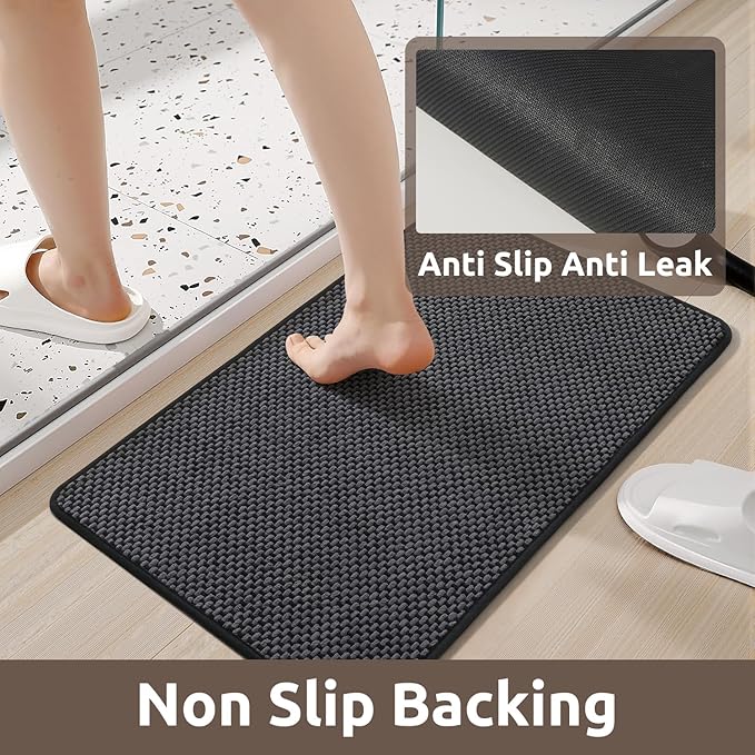 AMOAMI Chenille Bath Mat Super Absorbent Bathroom Mat Quick Dry Low Pile Bath Mats for Bathroom Washable Rubber Backed Bathroom Runners Fit Under Door, Front of Bathtub, Sink, Darkgrey&Black 24"x48"