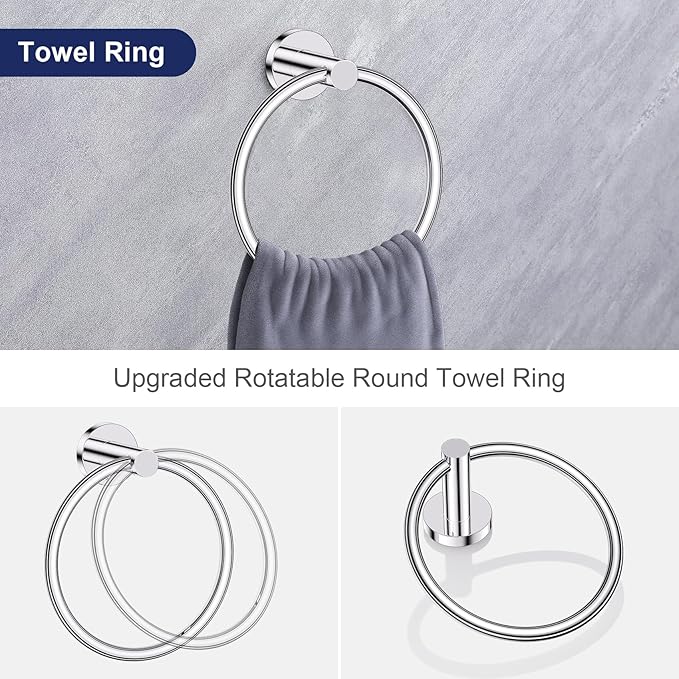 Lairuier 5 Pieces Polished Chrome Bathroom Accessories Set, SUS304 Stainless Steel 24 Inch Bath Towel Bar Set, Round Toilet Paper Holder Set Wall Mounted