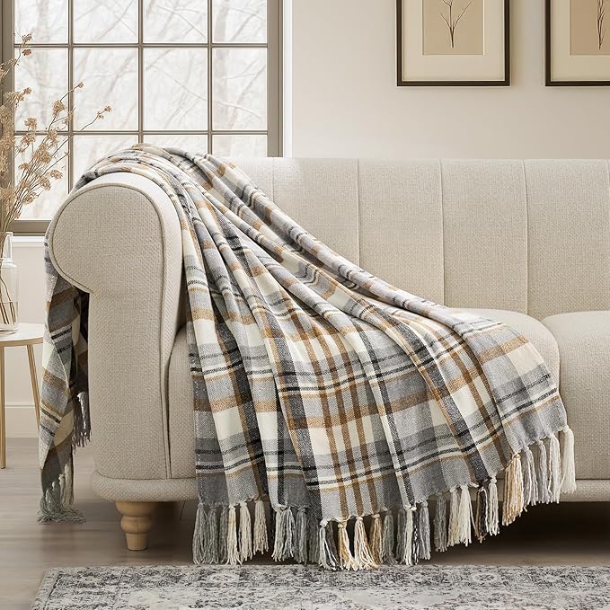EVERGRACE Plaid Chenille Throw Blanket for Couch, Super Soft Cozy Decorative Farmhouse Plaid Throw with Tassels, Lightweight Chenille Knit Throw for Bed Sofa Gift Home Decor, Grey & Beige 60"x80"