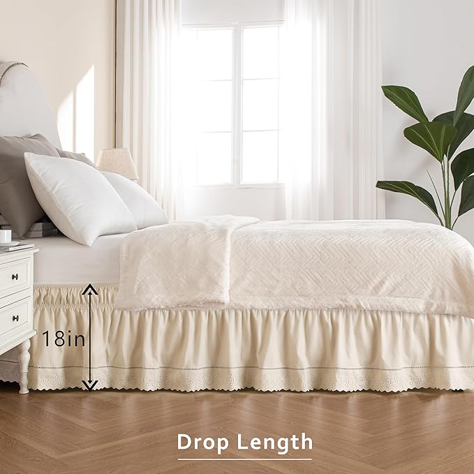 MIYE Wrap Around Ruffled Lace Bed Skirt, Elastic Dust Ruffle with Adjustable Belts, Easy to Put On, Bed Frame Cover, Machine Washable (Embroidered/Light Beige, King/Queen-18 Drop)