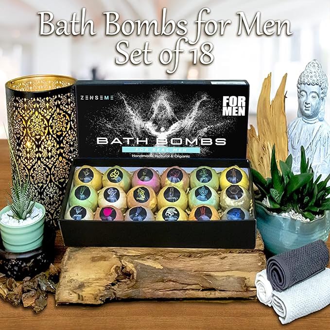 Bath Bombs for Men, Gift Set of 18 Scented Organic Handmade Bath Bombs of 2.5 oz with Natural Essential Oils. Perfect for Boyfriend, Husband, Father or Friend, by ZenseMe