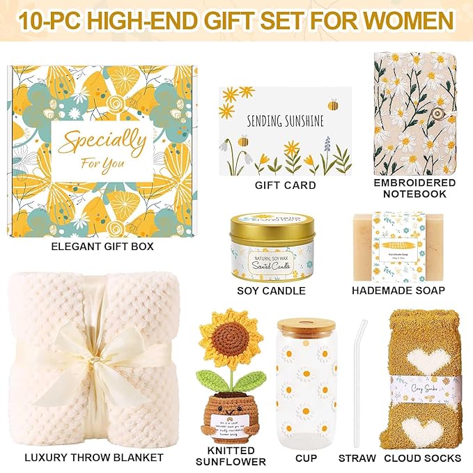 Self Care Gifts for Women Gift Baskets，Sending Sunshine Thinking of You Care Package Spa Gift Sets, Birthday Christmas Gifts for Women Best Friends Mom Sister Wife Grandma Her