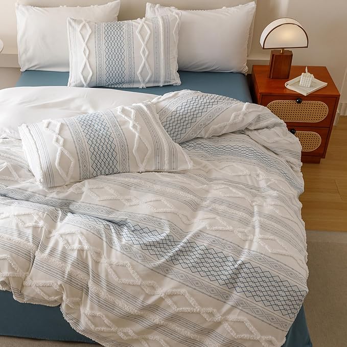 KAREVER Ivory Blue Boho Comforter Set Queen Mixed Textures Jacquard Bedding Set Durable Chic and Stylish Bedroom Set