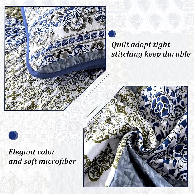 Mybedsoul Blue Quilt Set King Size 3 Pieces Boho Plaid Aqua Blue Floral Bedspread Set Microfiber Lightweight Bohemian Bedding Set for All Season (1 Quilt + 2 Pillow Shams) 90"x104"