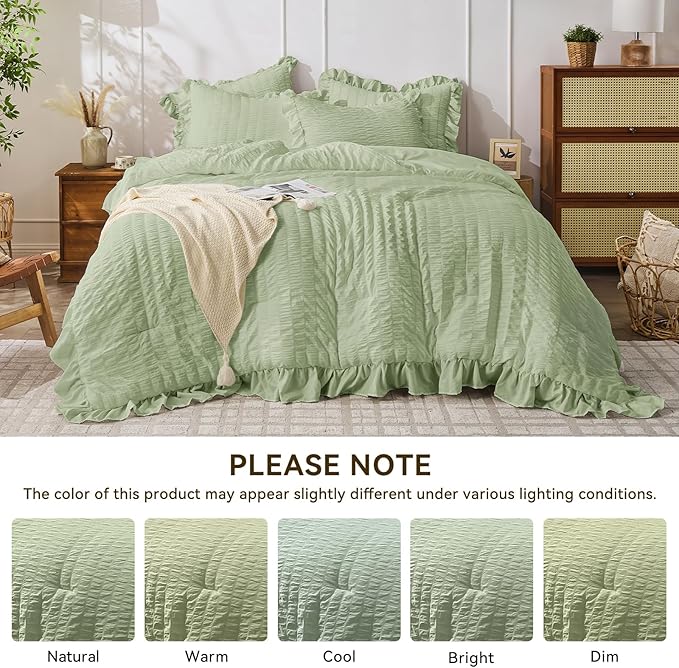 JOLLYVOGUE Sage Green King Comforter Set, 3 Pieces Seersucker Comforters King Size, Lightweight & Fluffy Bedding Sets King for All Season with 1 Ruffle Comforter and 2 Ruffle Pillowshams