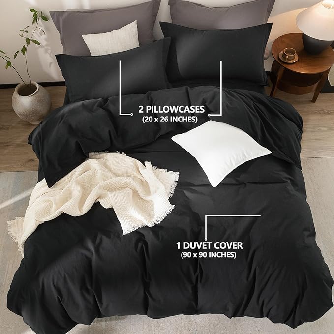 Black Duvet Cover Queen Size 100% Washed Cotton Bedding Set Cover 1 Duvet Cover with Zipper Closure and 2 Pillowcases, 90inch x 90inch