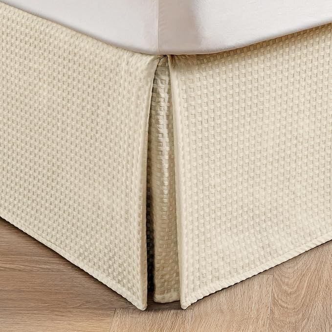 MIYE Pleated Waffle Weave Bed Skirt, Tailored Dust Ruffle 16 Inch Drop Easy Fit, Machine Washable,No Split Corners(Light Beige, Cal King - 16" Drop)
