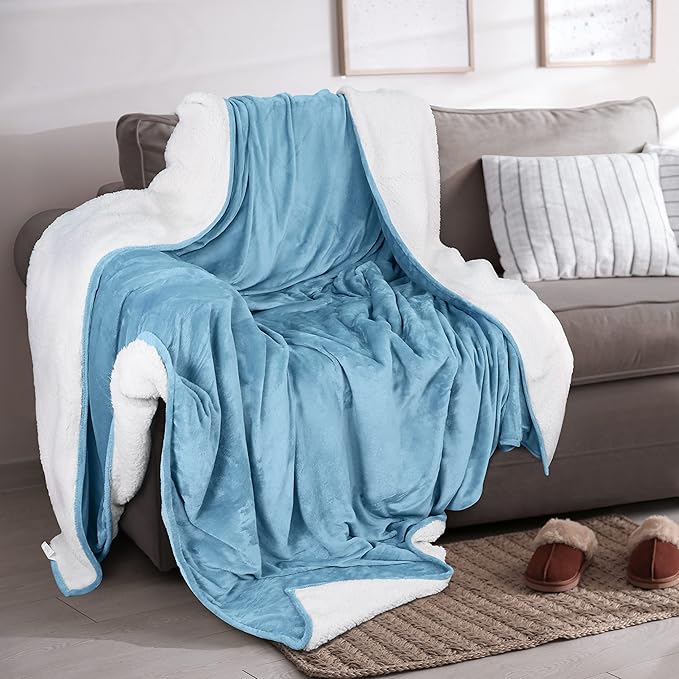 Utopia Bedding Sherpa Blanket Throw Size (Washed Blue, 50x60 Inches) - Soft Lightweight Plush Fleece Reversible Blanket for Bed, Sofa, Couch, Camping and Travel
