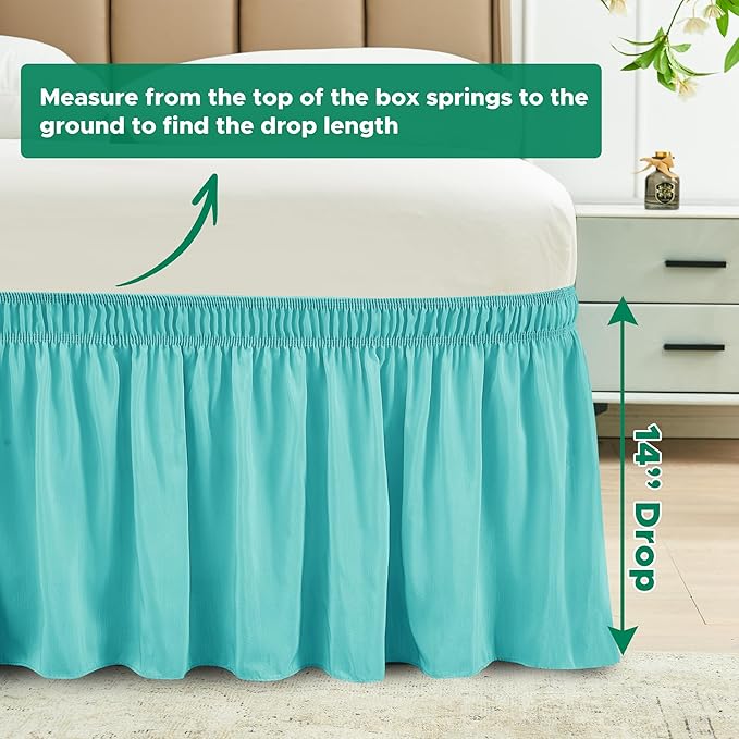 Biscaynebay Wrap Around Bed Skirts for King & Cal King Beds 14" Drop, Aqua Adjustable Elastic Dust Ruffles Easy Fit Wrinkle Resistant Silky Luxurious Fabric Machine Washable