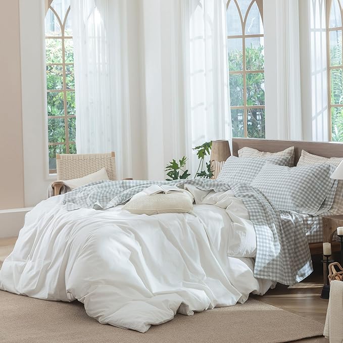 MooMee Gingham Sheet Set 100% Washed Cotton Linen Like Textured Breathable Soft w/Fully Elasticized 16-19" Deep Pocket (Classic Gingham Northern Droplet Grey, King)