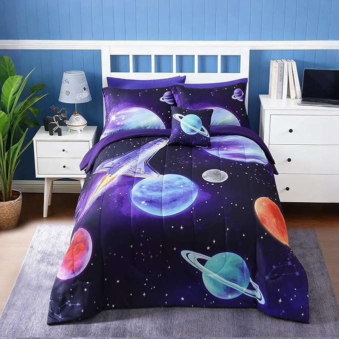 Kids Comforter Set Twin Size for Boys, Rocket Bedding Sets, 3 Pieces Bed in A Bag with 1 Comforter, 1 Decor Pillow, 1 Pillow Sham