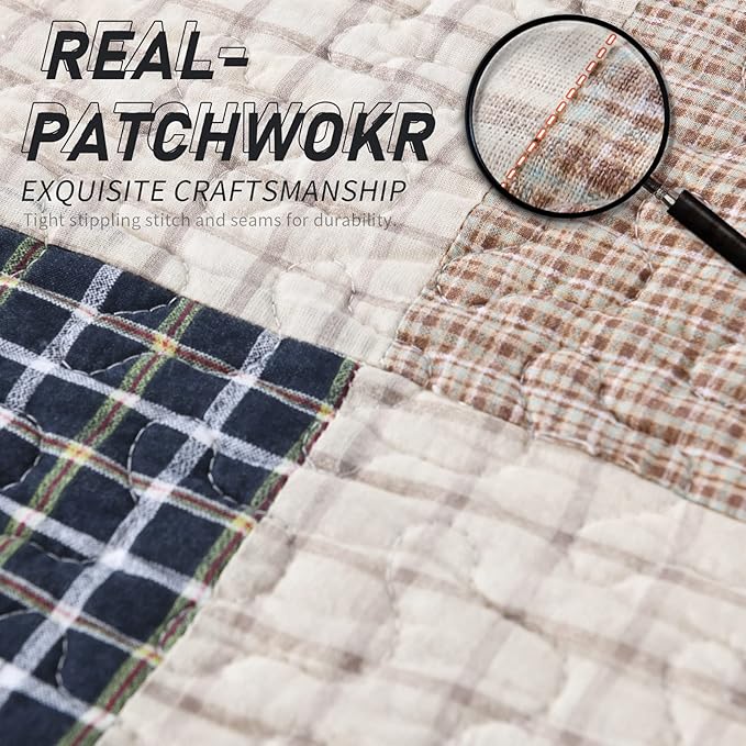 KALOOLA Patchwork Queen Quilt, 100% Cotton Lightweight Bedspreads Queen Size 3 Pieces, Tan Brown Beige Queen Quilt Bedding Set, Farmhouse Rustic Coverlet for All Season