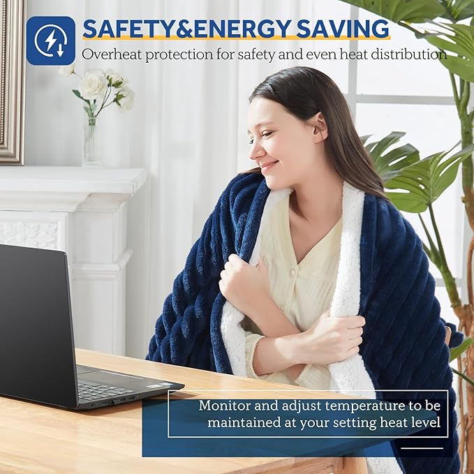 SEALY Heated Blanket Electric Throw, 50"x60" Heating Blanket Throw, 6 Heat Levels & 2-10 Hours Auto-Off Over-Heat Protection, Ribbed Flannel to Sherpa, Machine Washable, Navy Blue