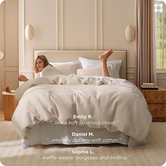 Bedsure Cotton Duvet Cover Set - 100% Cotton Waffle Weave Beige Duvet Cover Oversized Queen Size, GentleSoft™ and Breathable Bedding Set for All Season, 3 Pieces, 98"x98"