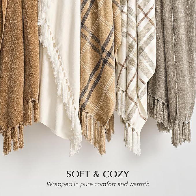 EVERGRACE Soft Chenille Throw Blanket for Couch, Cozy Plush Fuzzy Decorative Chenille Knit Throw Blanket with Tassels, Lightweight Blanket and Throws for Bed Sofa Gift Home Decor, Beige 50"x60"