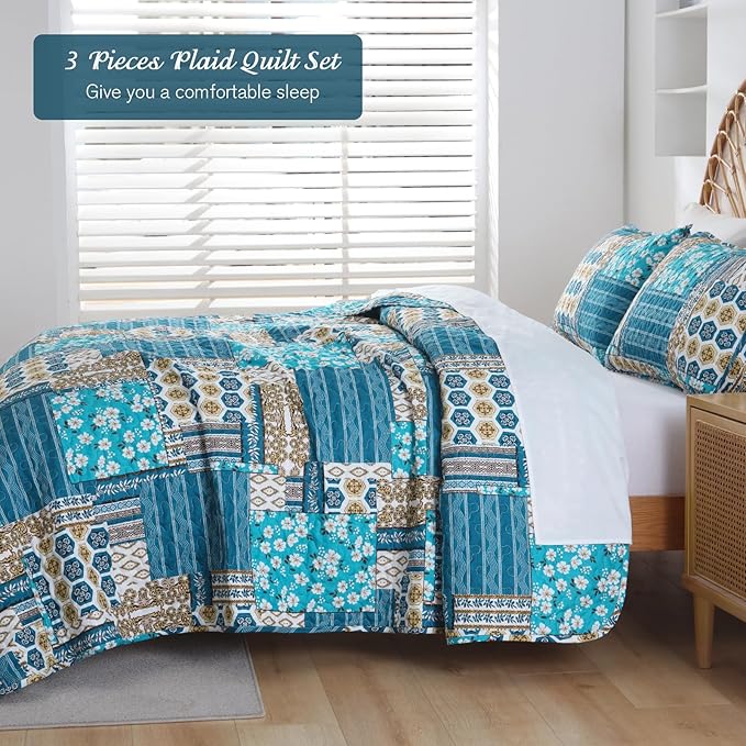 Mybedsoul Dusty Blue Quilt Set King Size, 3 Pieces Plaid Floral Bedspread Set Patchwork Reversible Bedding Set Microfiber Lightweight Bedspread Coverlet Set for All Season 110"x90"