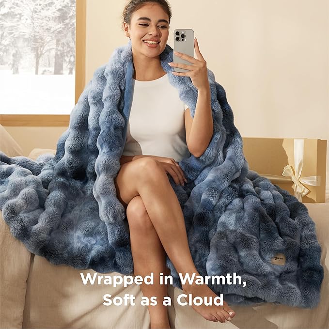 Bedsure GentleSoft Fluffy Faux Fur Blanket Twin Size, Fuzzy Soft Bubble Blanket for Couch, Faux Fur Decor for Home Bedroom Living Room, Thick Furry Cozy Gifts for Women, Tie-dye Blue, 60x80 Inch
