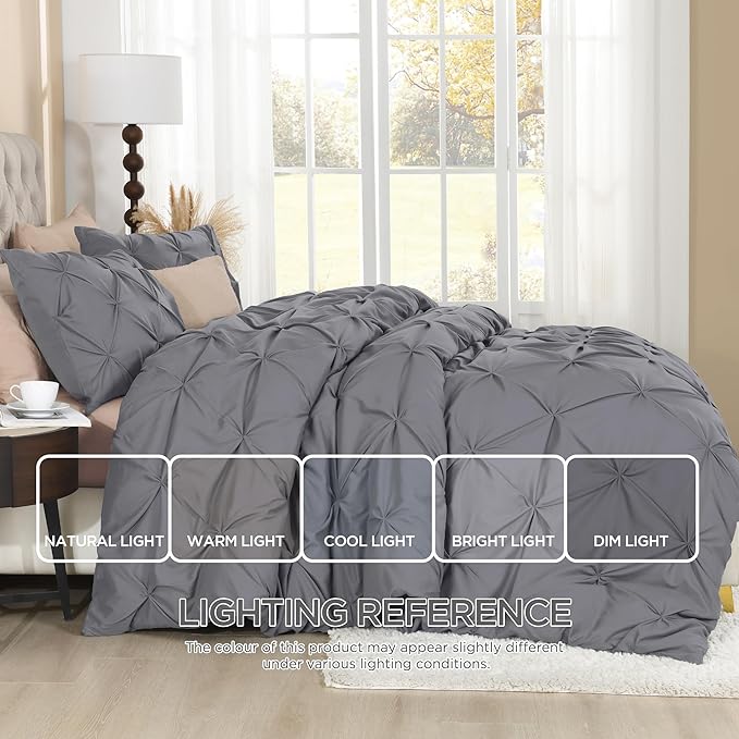 Litanika Dark Grey Oversized King Pinch Pleat Duvet Cover, 3 Pieces Pintuck Cover Soft Microfiber Bedding Set with Zipper Closure & Corner Ties(1 Duvet Cover, 2 Pillowcases)