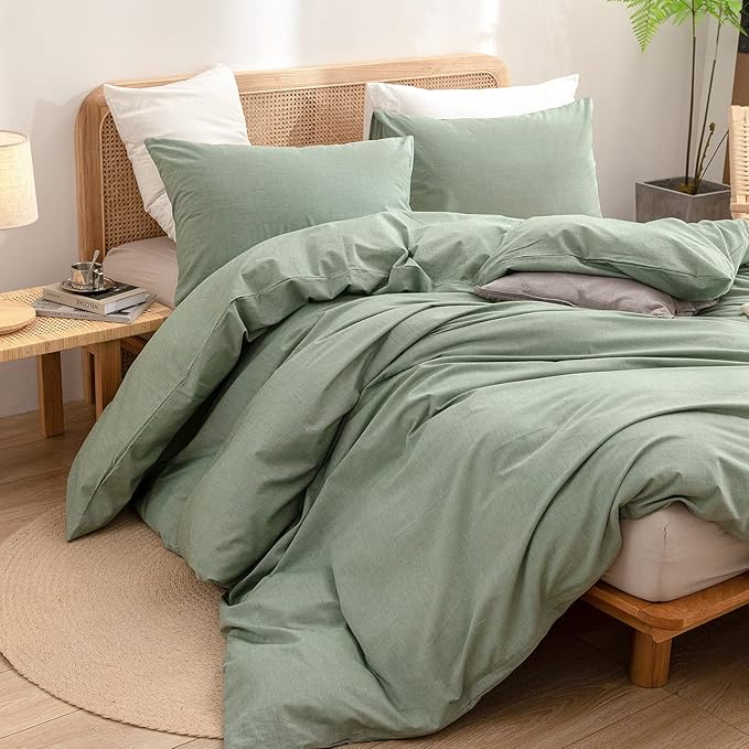 BESTOUCH Duvet Cover Set 100% Washed Cotton Linen Feel Super Soft Comfortable Chic Lightweight 2 PCs Home Bedding Set Solid Green Twin/Twin XL