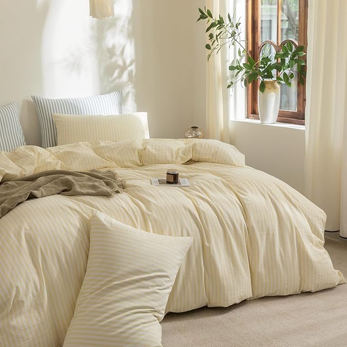 FOSSA Striped Duvet Cover Set 100% Washed Cotton Linen Feel Super Soft Breathable Cozy 3 Pieces Bedding Sets Pastel Yellow Classic Stripes Queen