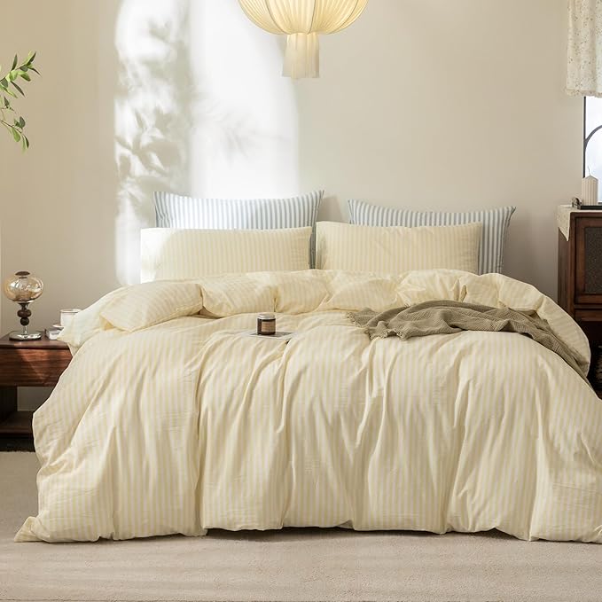 FOSSA Striped Duvet Cover Set 100% Washed Cotton Linen Feel Super Soft Breathable Cozy 3 Pieces Bedding Sets Pastel Yellow Classic Stripes Queen