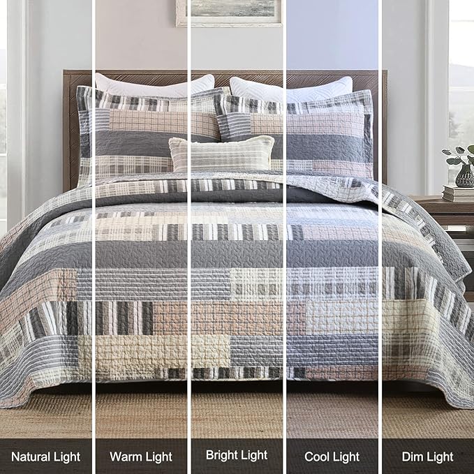 Uniclinens Quilt Set King Size, 100% Cotton Quilted Quilts Bedding Set Bedspreads, Farmhouse Patchwork Plaid Quilted Comforter Set, 3 Pieces Set with 2 Pillowshams, Cream/Grey/Brown