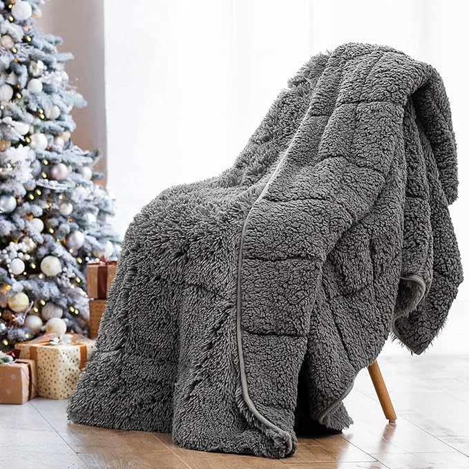 Wemore Shaggy Long Fur Faux Fur Weighted Blanket, Cozy and Fluffy Plush Sherpa Long Hair Blanket for Adult 15lbs, Fluffy Fuzzy Sherpa Reverse Heavy Blanket for Bed, Couch, Grey, 60 x 80 Inches