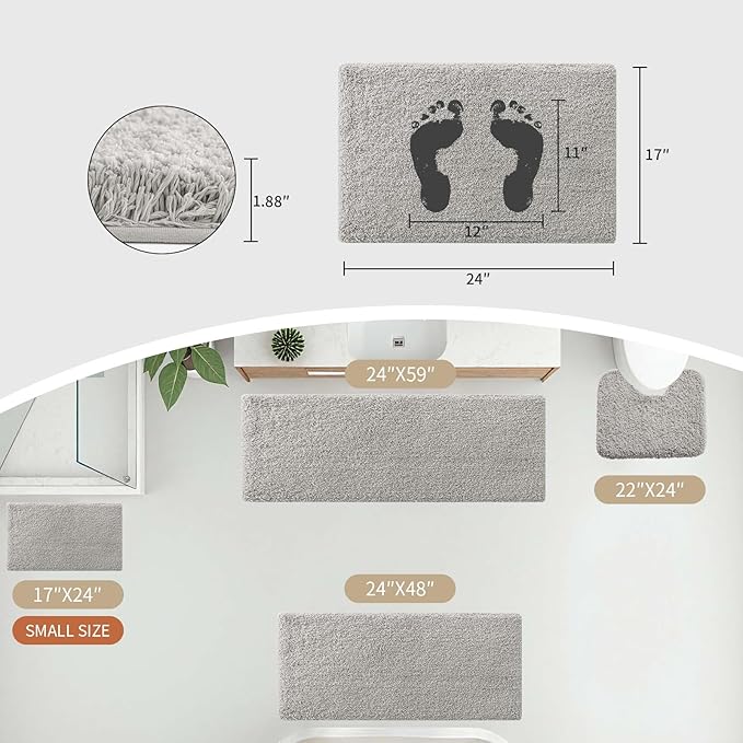 Small Bathroom Rug 17x24 Non Slip Gray Fluffy Bath Mat for Bathroom Floor Washable Plush Luxury Bath Rug for Tub Soft Shaggy Absorbent Shower Mat
