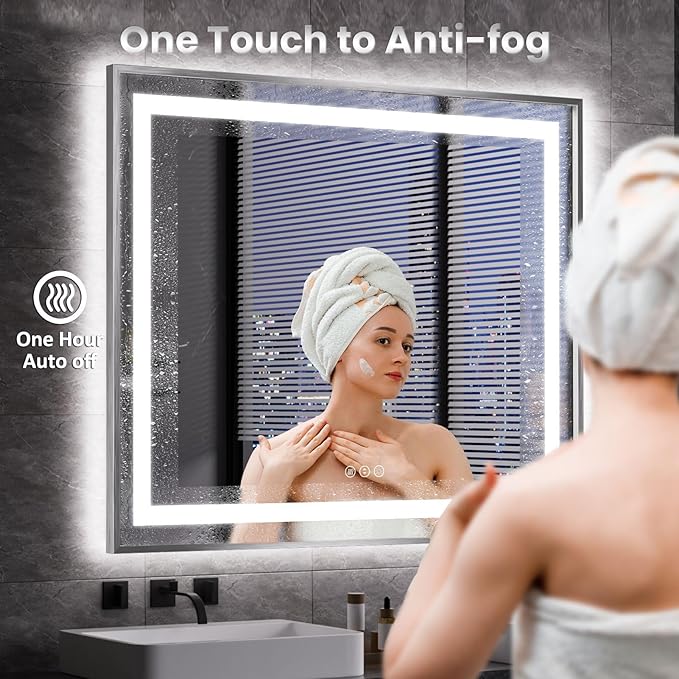 Amorho 36"x 30" LED Bathroom Mirror, Brushed Nickel Framed Mirror with Front Light and Backlit, Stepless Dimmable, Anti-Fog, Shatter-Proof, Memory, 3 Colors