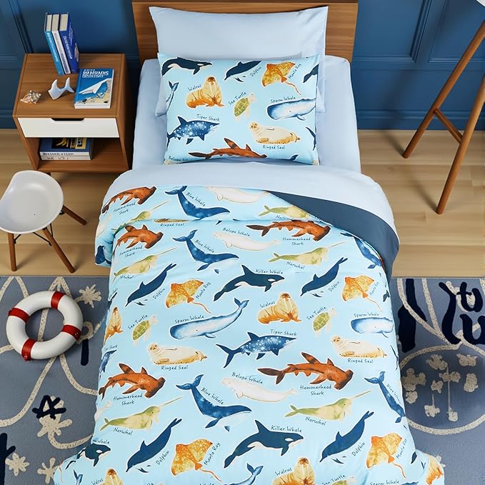 Kids Comforter Set Twin Size for Boys, Glow in The Dark Sea World Bedding Set 1 Comforter, 1 Decor Pillow, 1 Pillow Shams