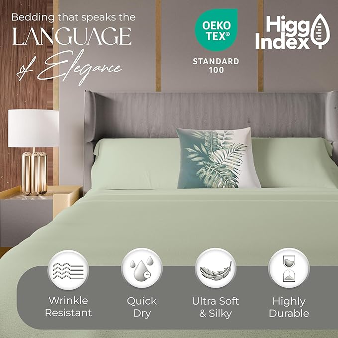 1200 Thread Count King Pastel Green Sheet Set, Hotel Luxury Cotton Rich Ultra Soft Sateen Sheets, Easy Care Bed Sheet Set with Deep Pocket (1 Flat Sheet, 1 Fitted Sheet & 2 Pillowcases)