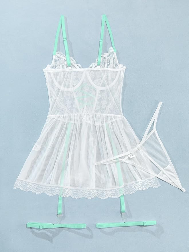 Lilosy Sexy Garter Belt Mesh Lace Babydoll Lingerie Dress Set with Thong