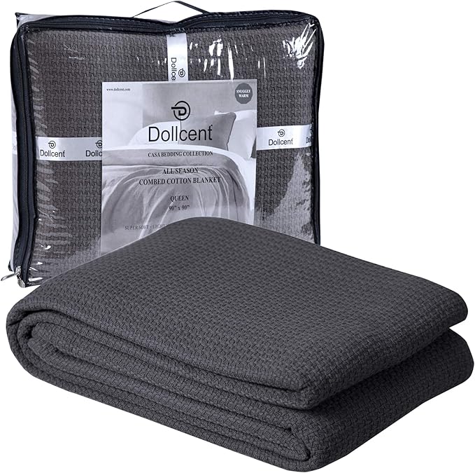DOLLCENT 100% Cotton Queen Size Blanket for Bed, Premium Soft Combed Lightweight Blankets, Washed Breathable Cozy Bed Throw Blanket, Grey Queen Cotton Blankets for All Season: Grey (90"x90")