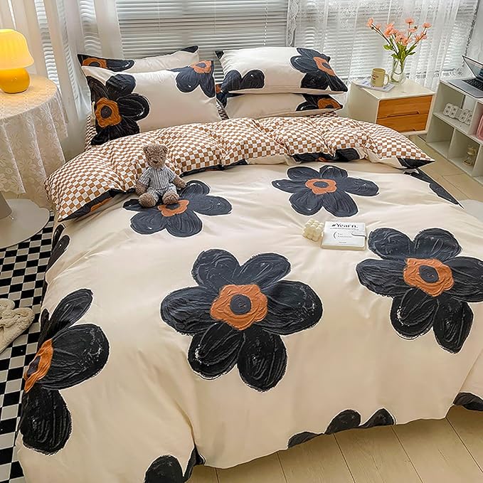 Cottonight Black Sunflower Comforter Set Full Black Beige Floral Bedding Comforter Set Full Big Flowers Cute Quilts Botanical Black White Blankets Elegant Bedding Set for Women Girls Female Teens