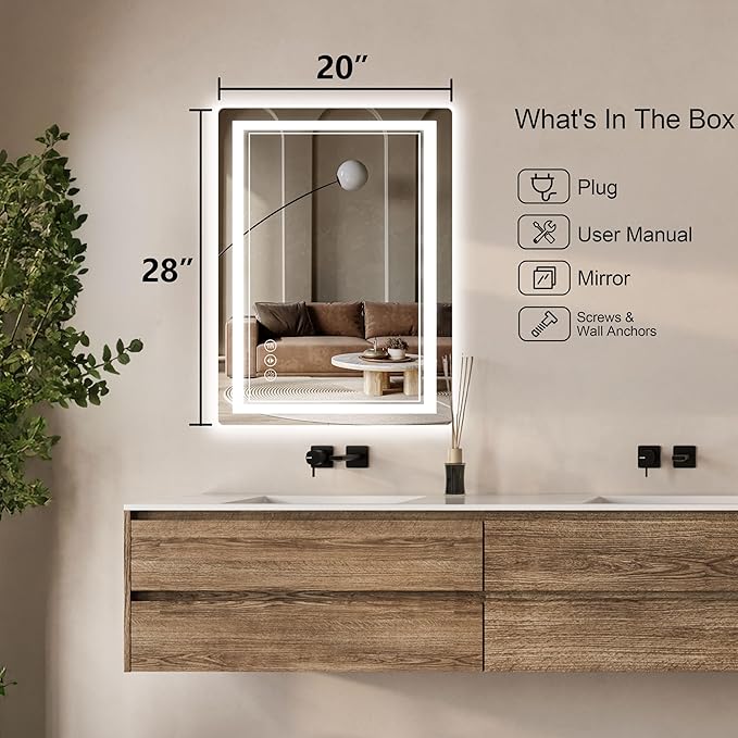 20x 28 LED Bathroom Mirror with Lights, Anti-Fog, Dimmable, Backlit + Front Lit, Memory Function, Lighted Bathroom Vanity Mirror for Wall(Horizontal/Vertical).