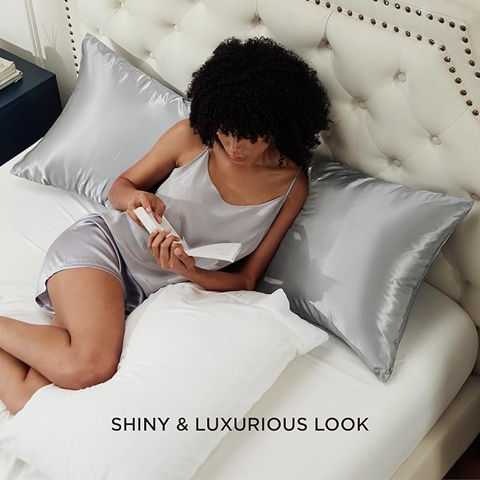 Bedsure Satin Body Pillow Cover with Zipper, Similar to Silk Body Pillow Pillowcase, Soft & Breathable Long Pillow Case, Cooling & Silky Long Pillowcase for Hair and Skin, Gifts, Grey, 20x54 Inches