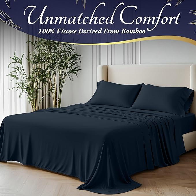 DECOLURE 100% Viscose Derived from Bamboo Sheets Full Size 4pcs - Ultra Soft & Luxuriously Cooling, 17" Deep Pocket, Double Stitching, Perfect for Hot Sleepers - Full Bed Sheets (Navy Blue)