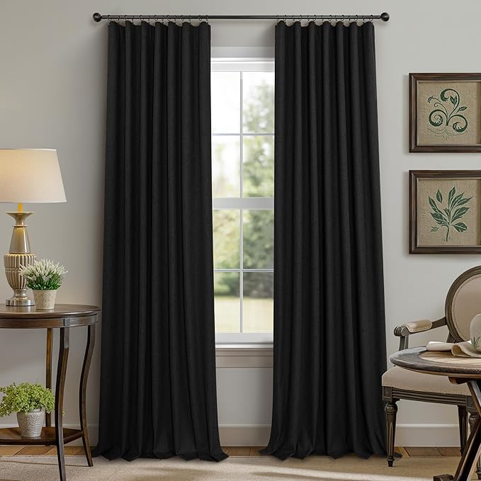 Pitalk Black Curtains for Bedroom 90 Inches Long Sound Proof Modern Window Drapes Light Blocking Floor to Ceiling Rod Pocket Linen Back Tab Curtains Blackout Dining Room Office 52x90 Length 2 Panels