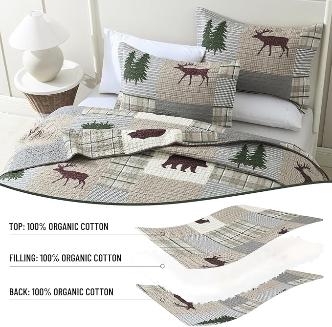 Quilt for Queen Bed - 100% Cotton Farmhouse Patchwork Plaid Cabin Queen Size Quilt Bedding Set, Brown Gray Green Animal Bear Deer Tree Lightweight Bedspread, 3-Piece for All Season (98"x90")