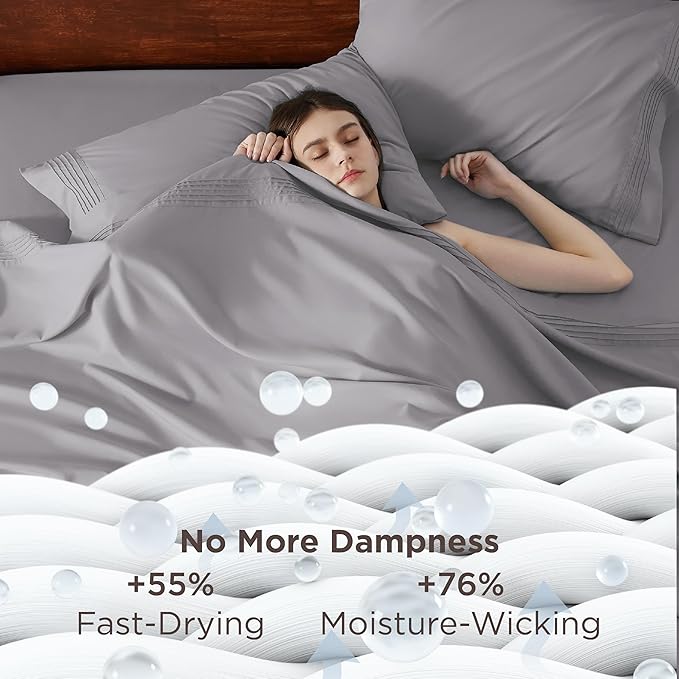 Bedsure Deep Pocket Full Size Bed Sheets Set - Fits Mattresses Up to 21 Inches Thick - 4 Piece GentleSoft Bed Sheets, Moisture Wicking, Cooling Bedsheet & Pillowcases, Easy & Secure Fit, Light Grey