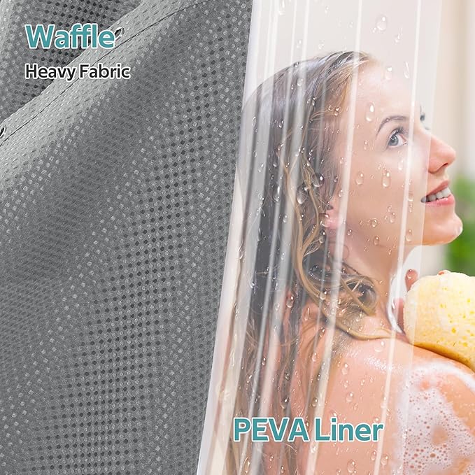 3 in 1 Shower Curtain Set, Waffle Shower Curtain and Liner Set with 12 Double Sided Shower Curtain Hooks, 258GSM Luxury Weighted Cloth Shower Curtains for Bathroom, 72 W x 84 H, Grey