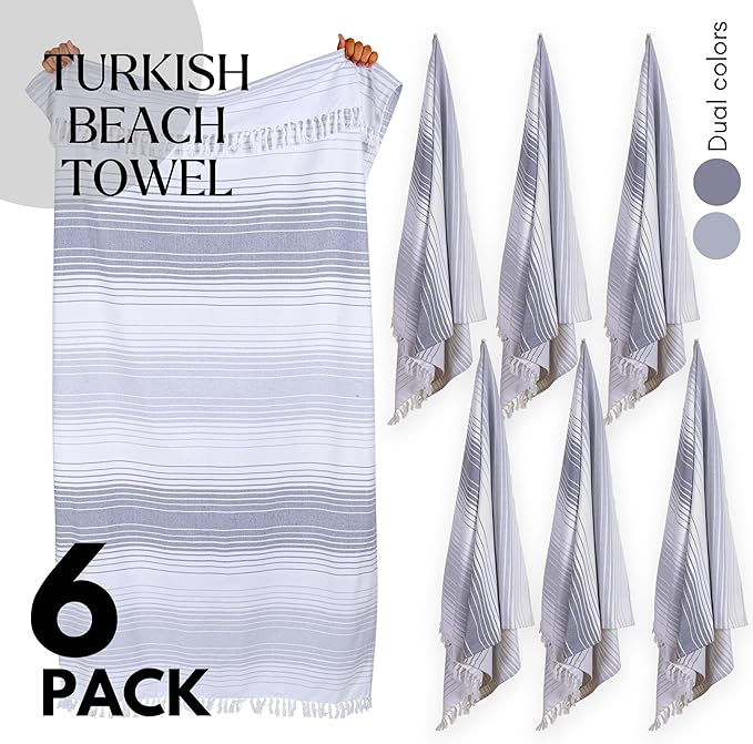 Native Fab Grey Stripe Beach Towels Set - 6 Pack - 40 x 71 Inches - 100% Cotton Quick Dry Lightweight - Extra Large Peshtemal Turkish Towel for Adults, Travel, Bath, Spa, Pool, Summer - Gray