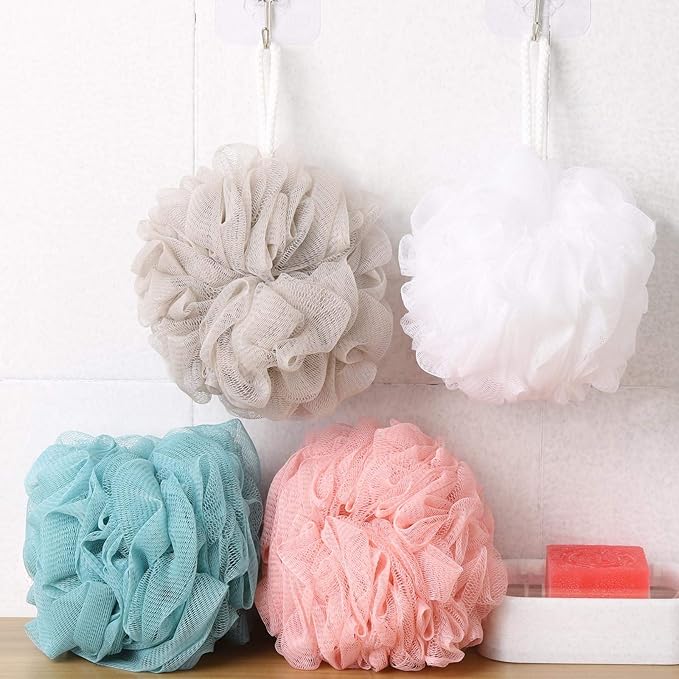 BTYMS 4 Pieces Loofah Sponges for Shower, 75 Gram Large Shower Puffs Bath Scrunchies Exfoliating Bath Sponges for Body