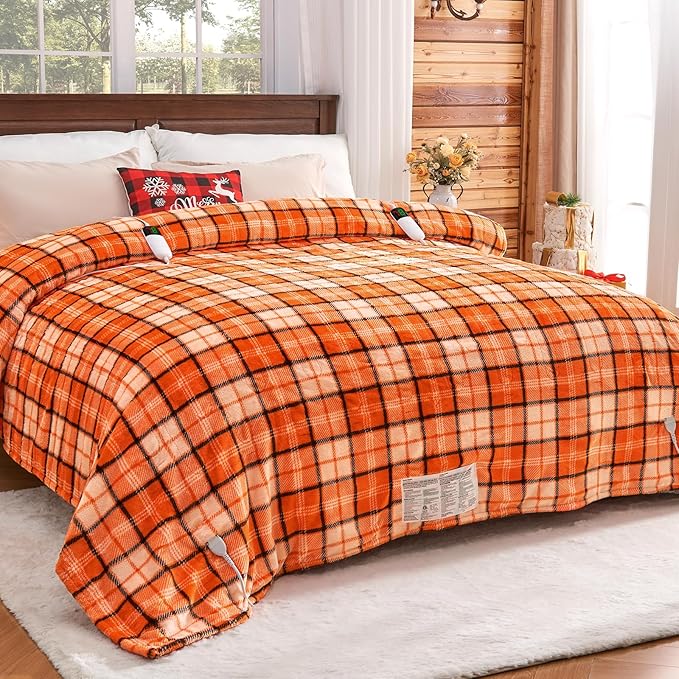 OCTROT Electric Heated Blanket King Size, 90X100 Orange Blanket with Dual Control&10 Heats Levels&Timer for Bed,Large Plaid Sherpa Heating Blankets Warmer Gifts for Women Grandma Halloween Home Decor