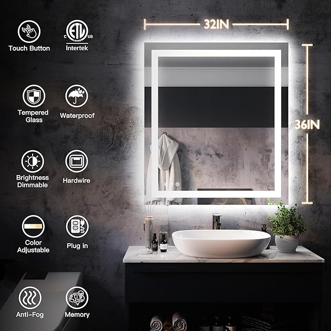 ISKM 32''x36'' LED Mirror for Bathroom Lighted Vanity Mirror for Wall Front Lights + Backlit LED Bathroom Mirror Anti-Fog Tempered Glass ETL Listed
